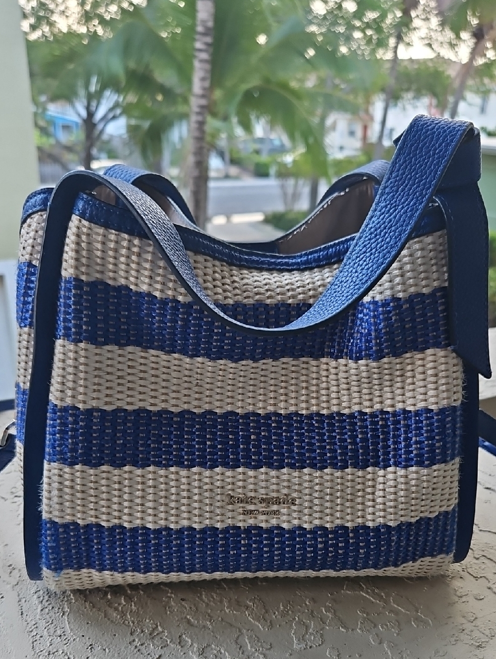 Kate Spade Blue and Cream Striped Woven Shoulder Bag